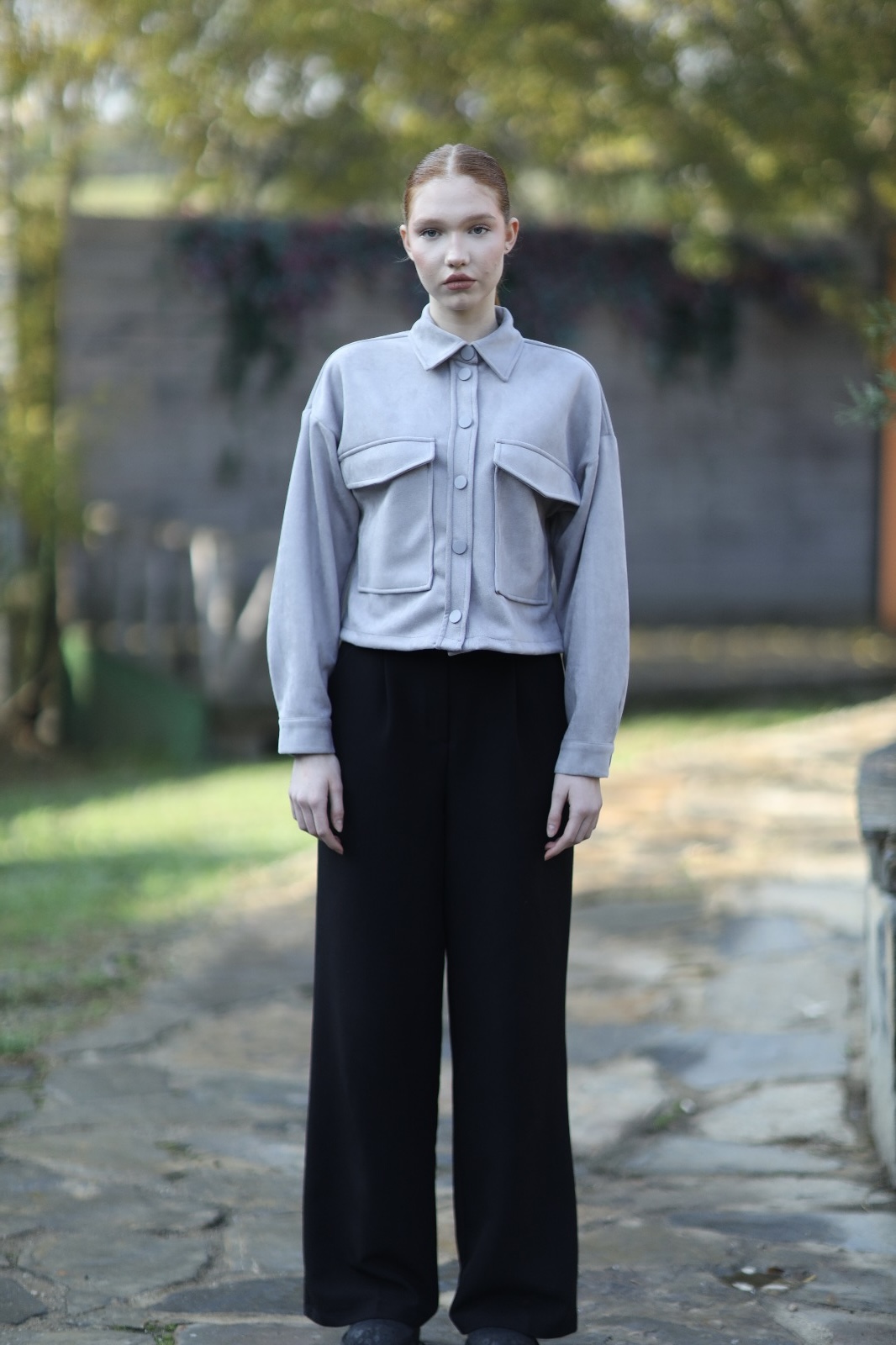 016-Kadın Cep Detaylı Süet Gömlek