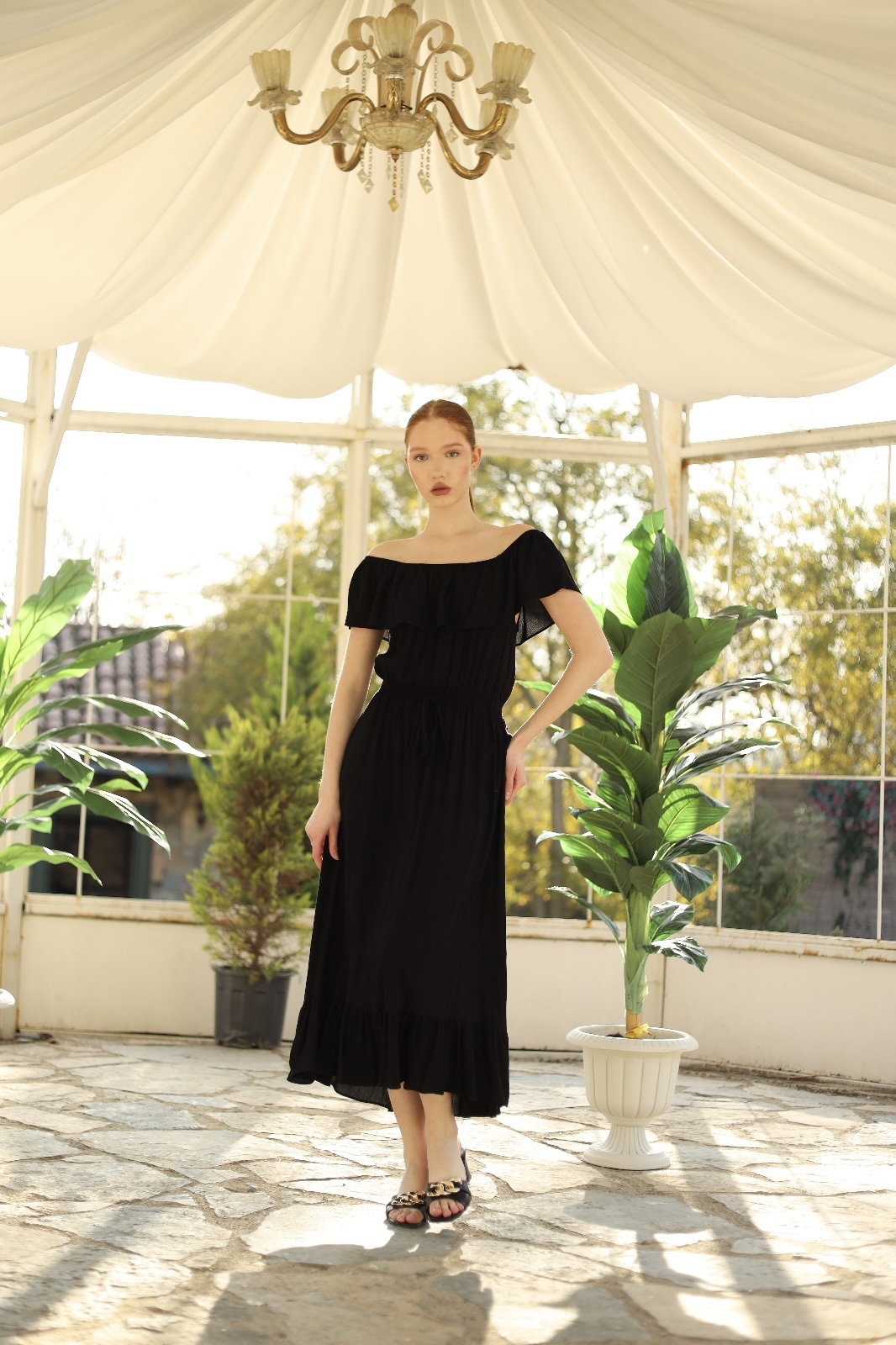 011-Kadın Siyah Uzun Kemerli Dokuma Elbise 