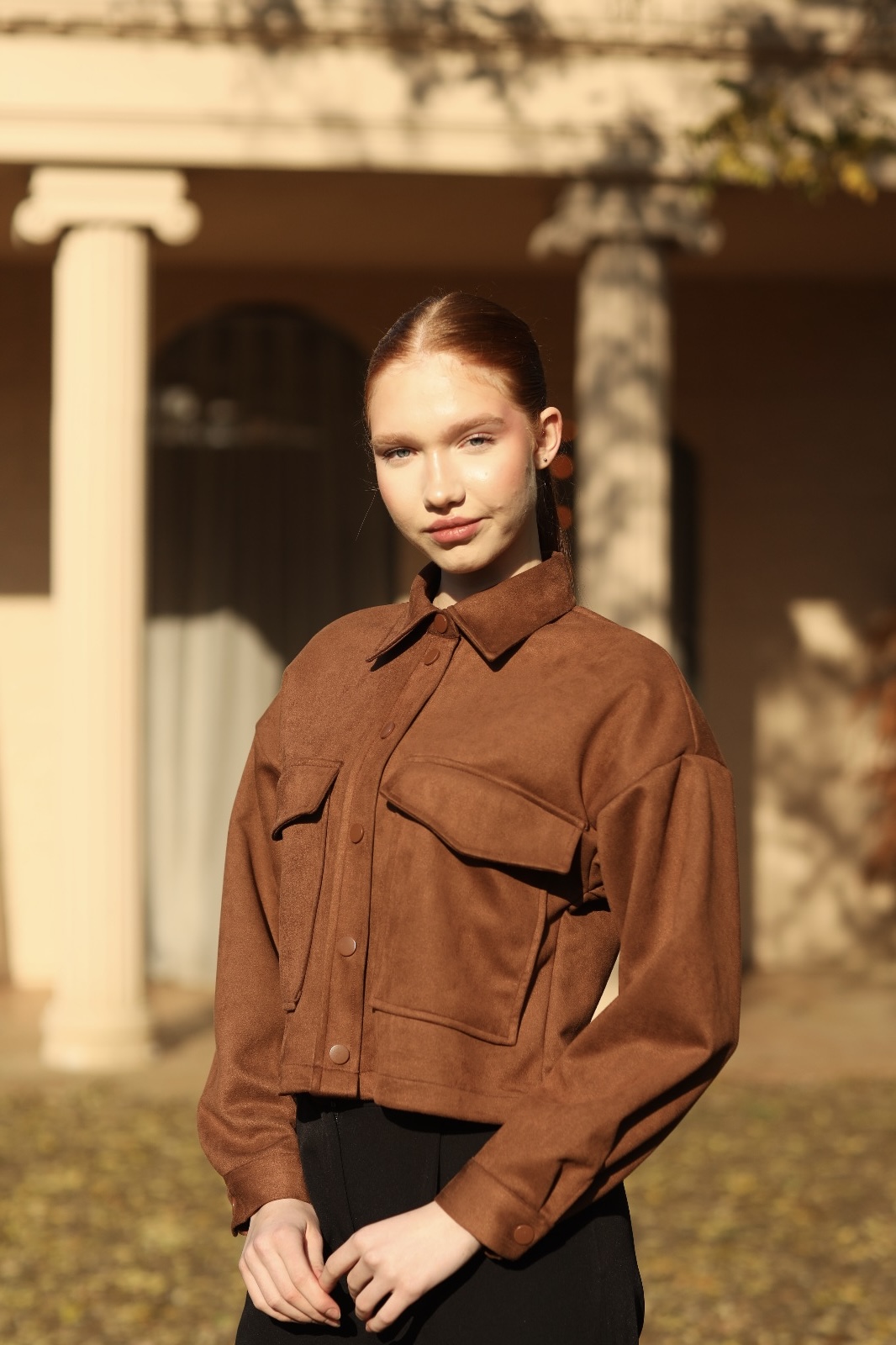 019-Kadın Taba Cep Detaylı Süet Gömlek 