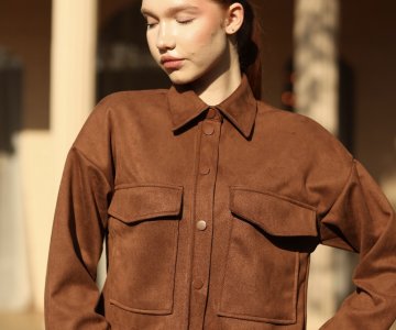 019-Kadın Taba Cep Detaylı Süet Gömlek 