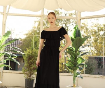 011-Kadın Siyah Uzun Kemerli Dokuma Elbise 