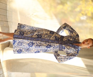 038-Kadın Mavi Desenli Desenli Uzun Elbise